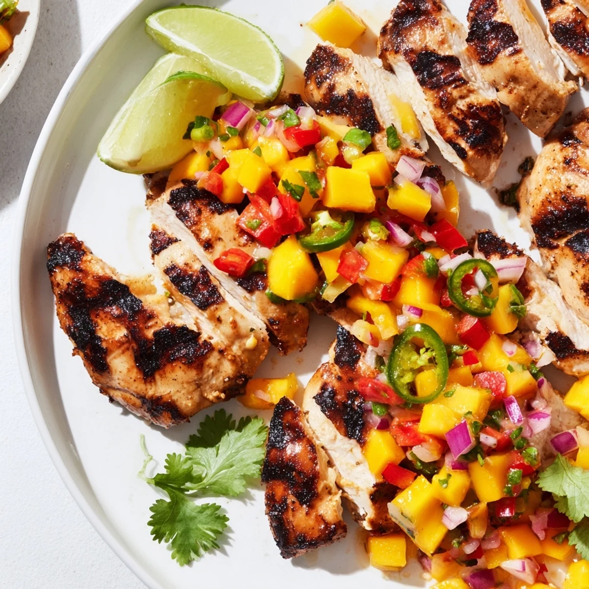 Juicy honey lime chicken served with fresh mango salsa and lime wedges