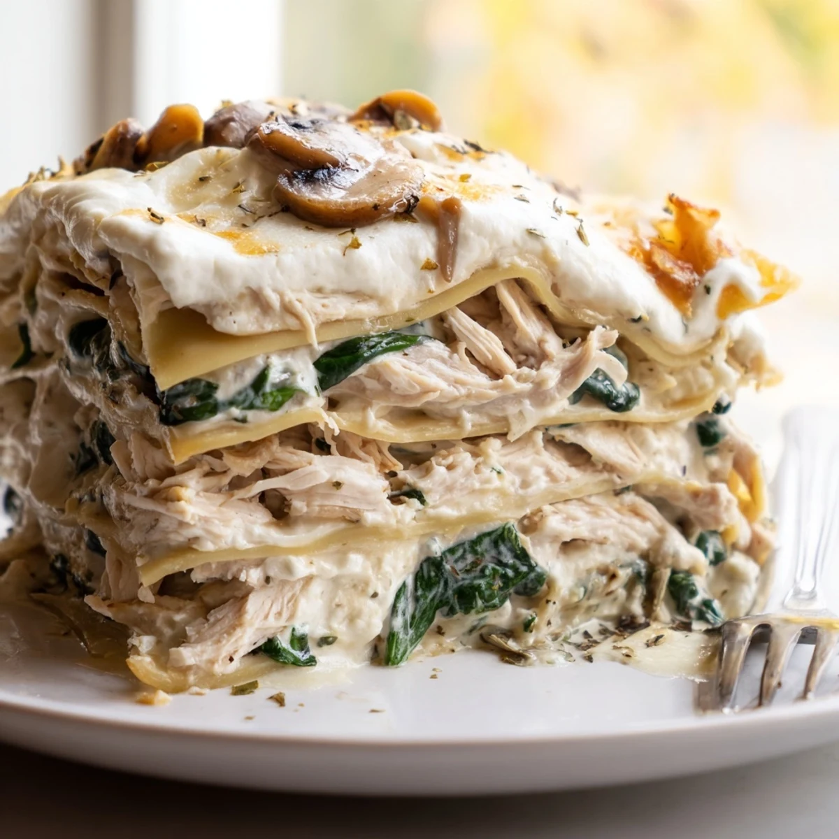 Golden bubbling white chicken lasagna with layers of melted cheese and tender shredded chicken