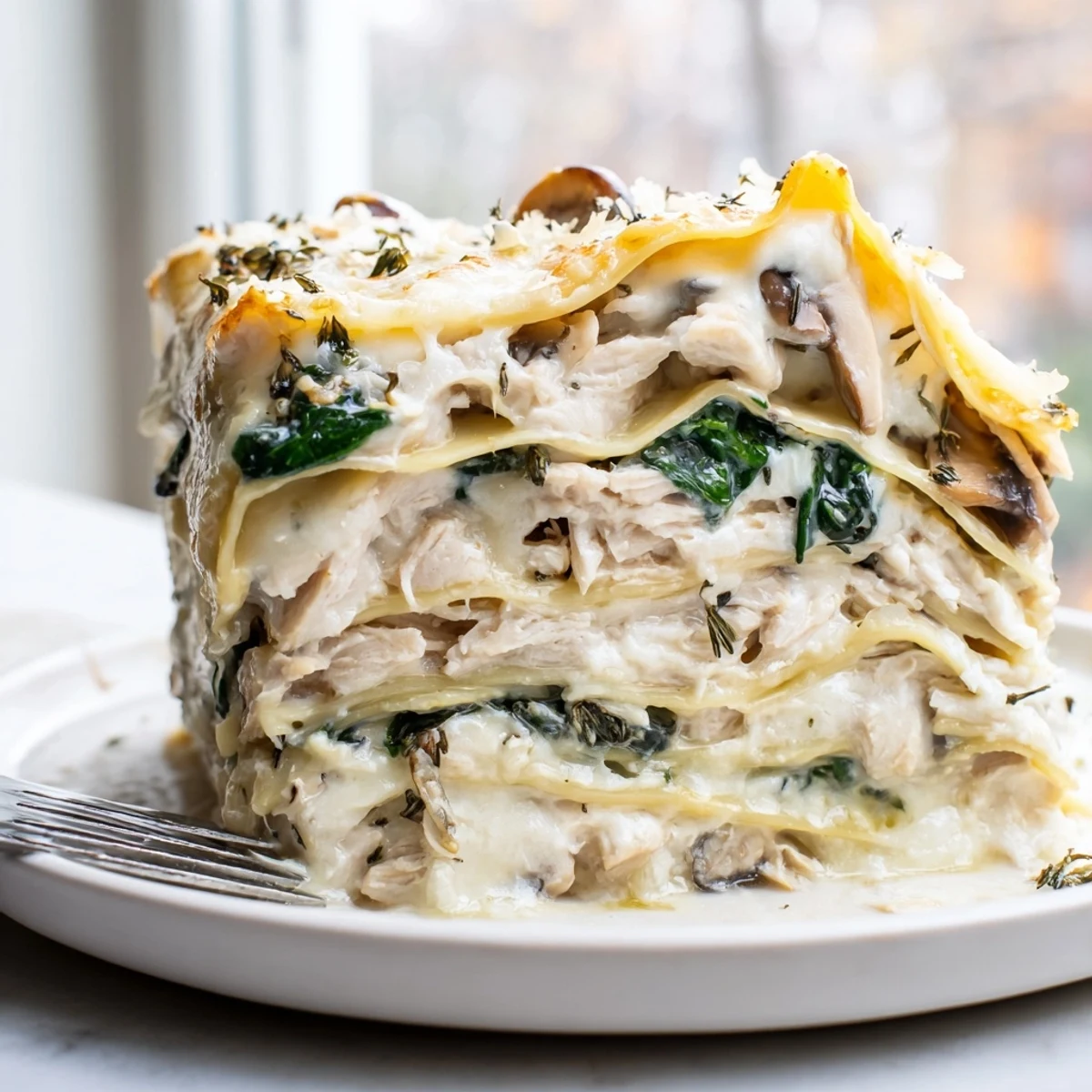 Creamy white chicken lasagna sliced into squares showing spinach mushroom and ricotta filling