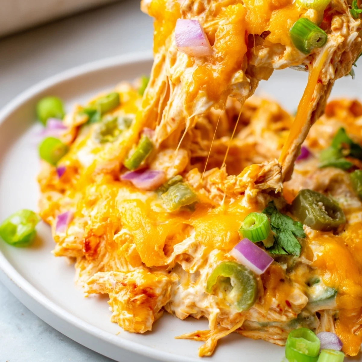 Golden cheesy jalapeno buffalo chicken casserole topped with sliced green onions and diced jalapeños