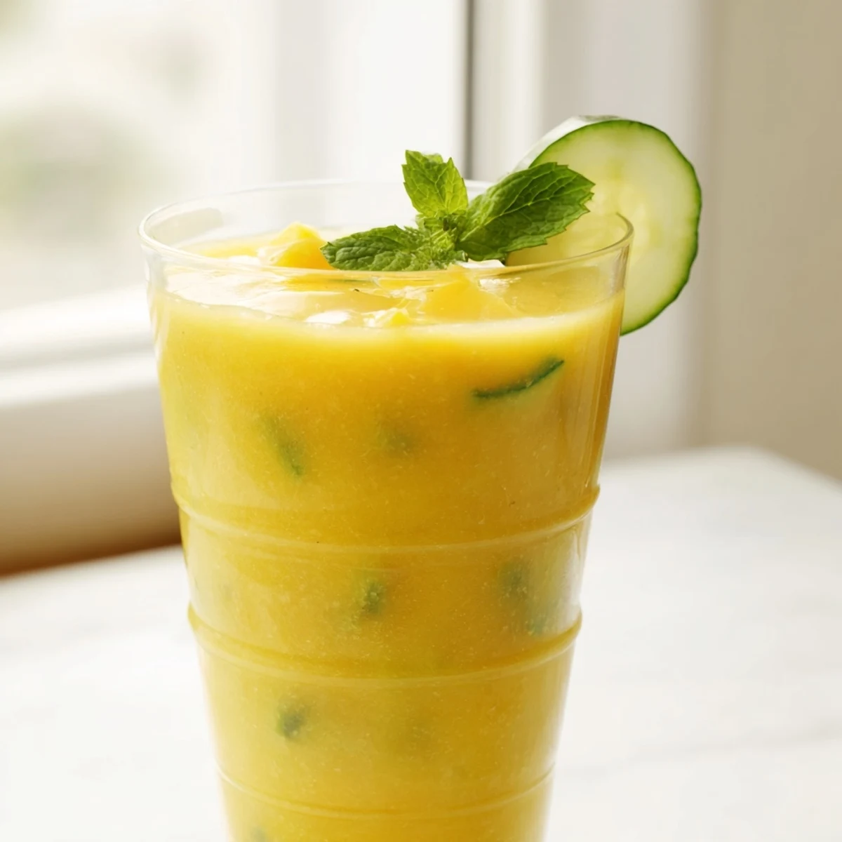 Creamy mango cucumber smoothie poured into a tall glass with fresh mint garnish