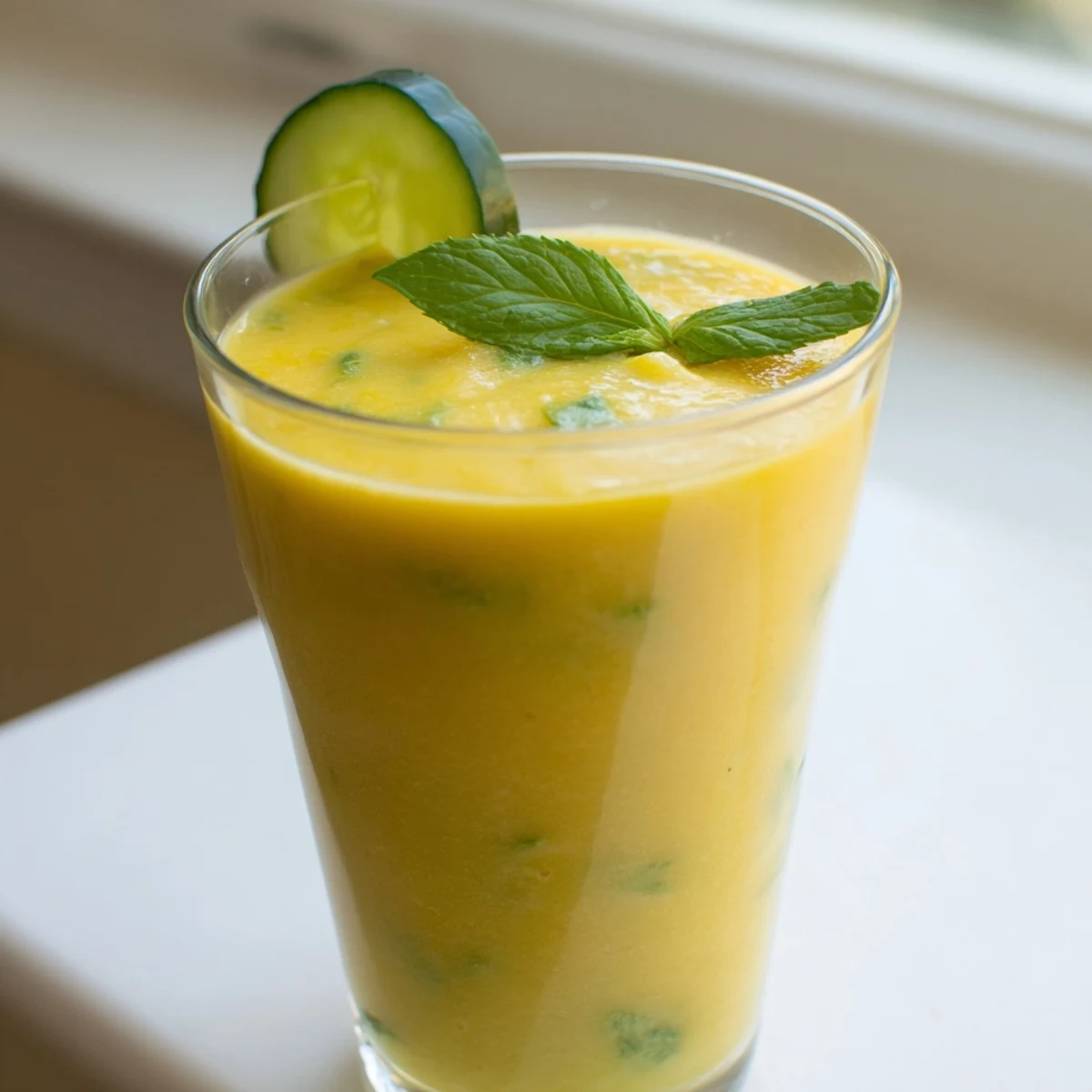 Golden mango cucumber smoothie blended smooth and served ice cold in mason jars