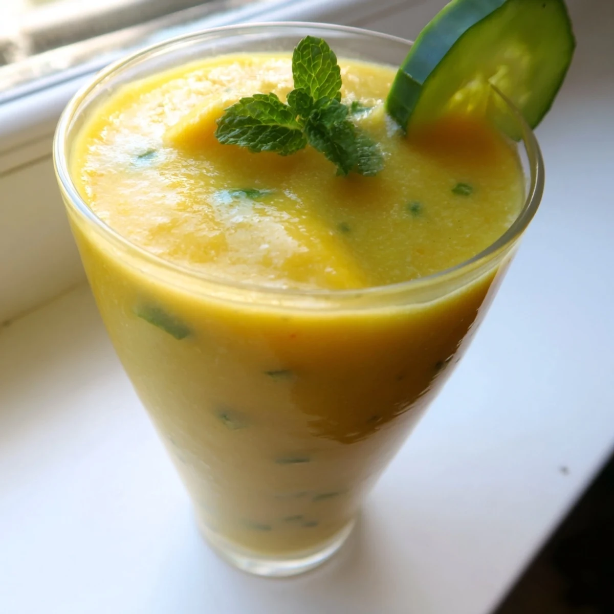 Tropical mango cucumber smoothie garnished with a lime wedge and crisp cucumber slice