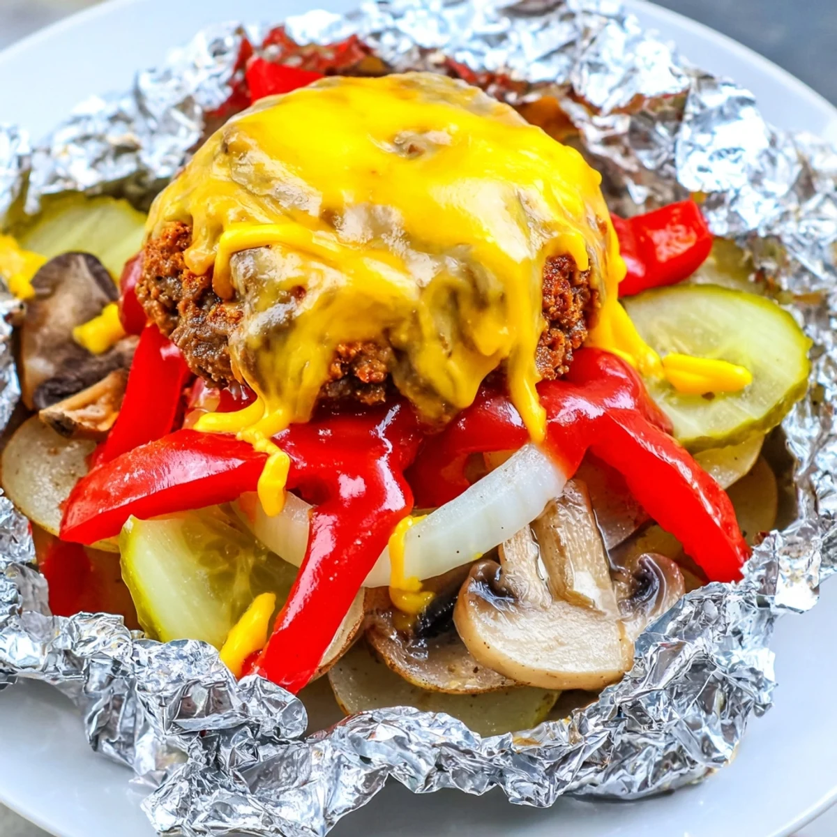Cheesy campfire hobo packets with seasoned beef and tender vegetables steaming inside foil