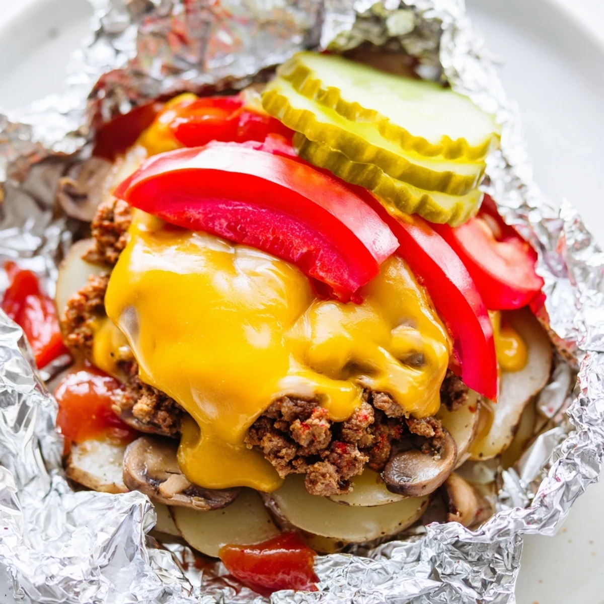 Golden campfire hobo packets filled with juicy ground beef and melted cheddar cheese