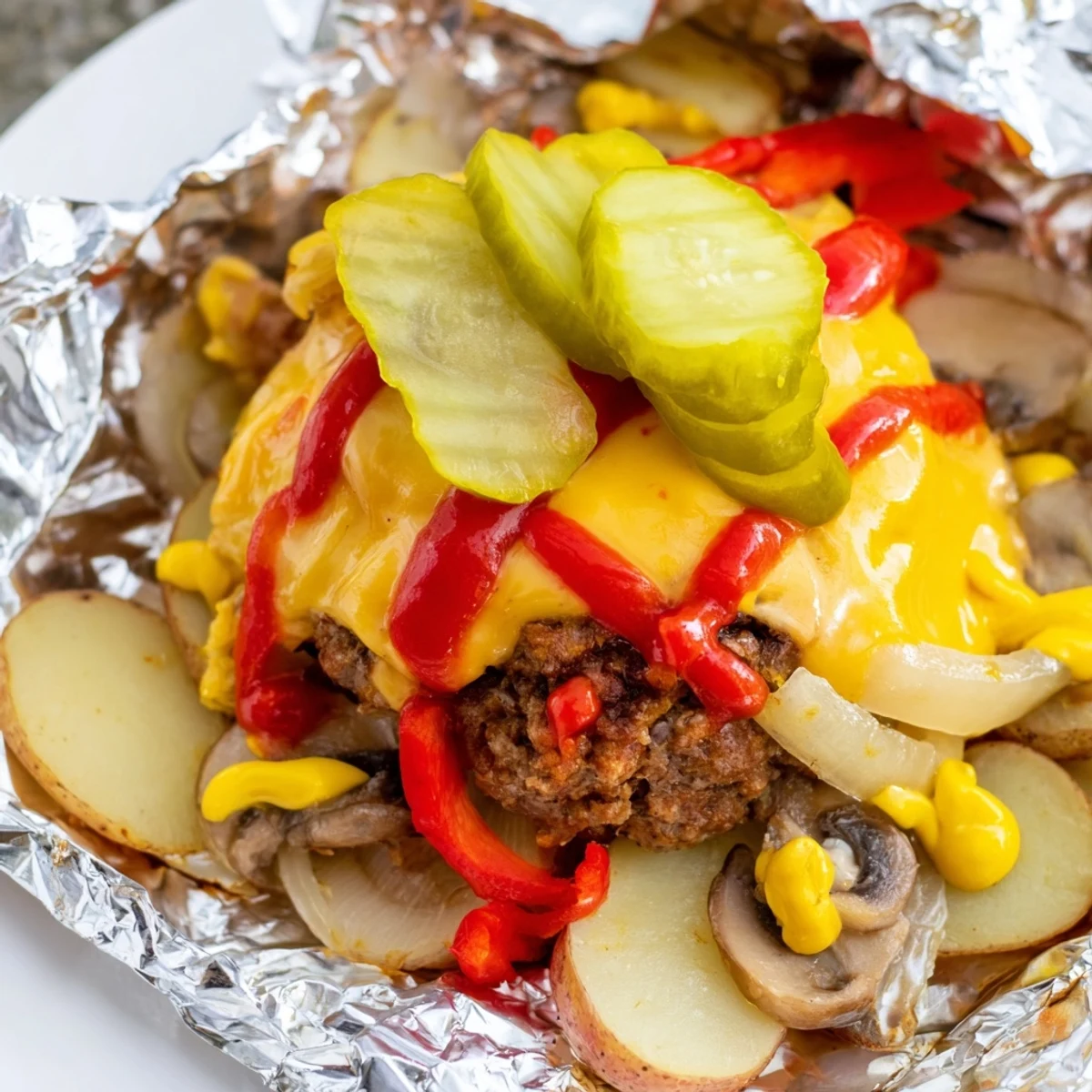 Smoky campfire hobo packets stacked with ground beef potatoes and gooey cheddar