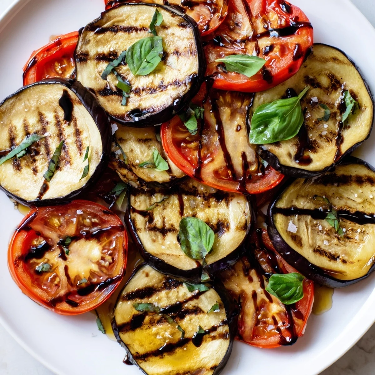 Smoky grilled tomato eggplant slices layered on a platter with fresh basil and balsamic drizzle