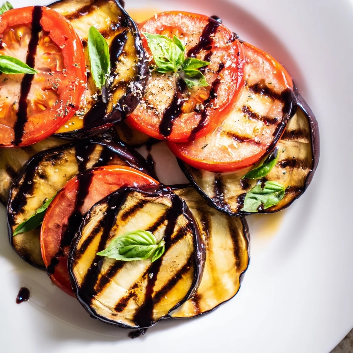 Charred grilled tomato eggplant arranged in alternating stacks showcasing tender golden vegetables with herb garnish