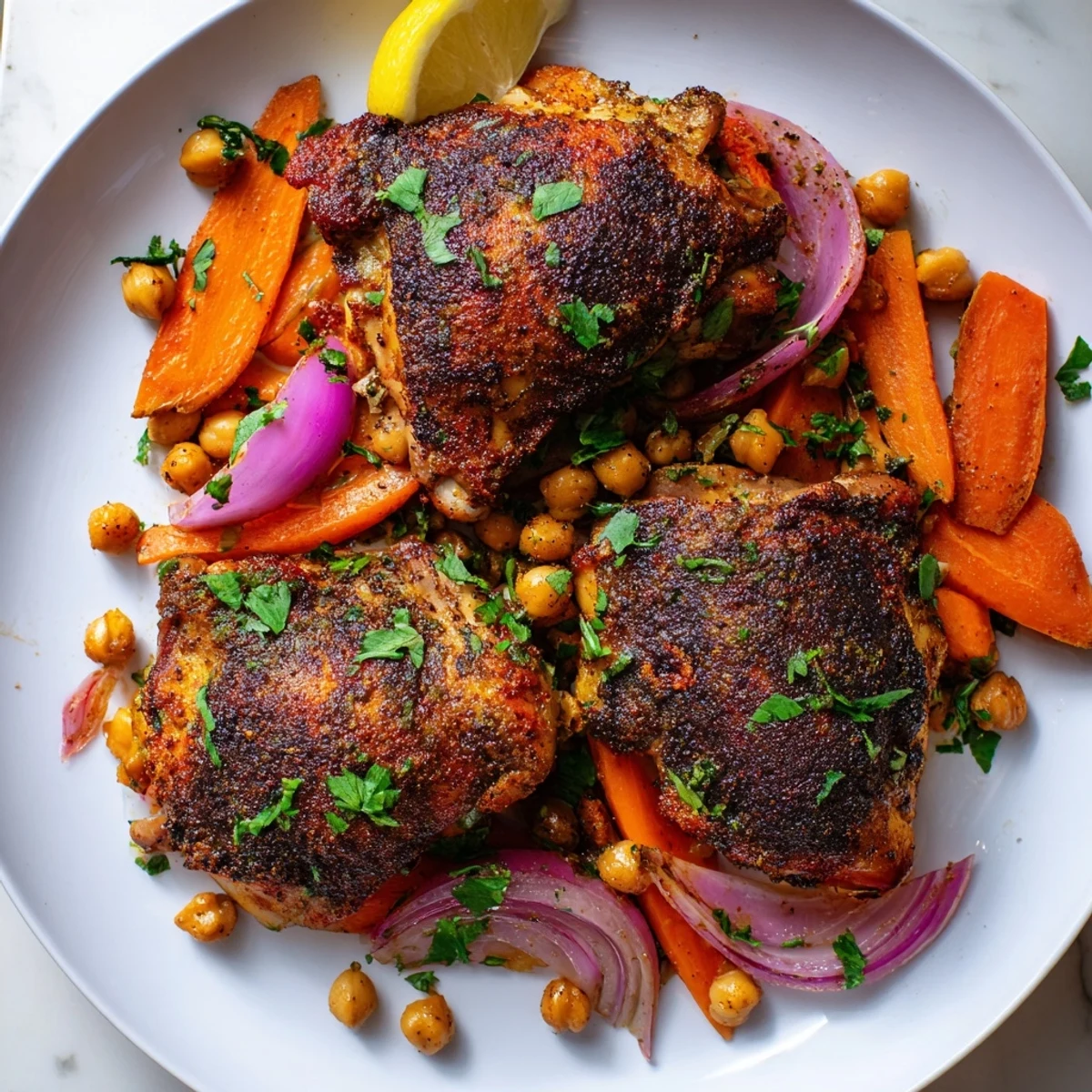 Golden sumac chicken with carrots and chickpeas fresh from a hot roasting pan