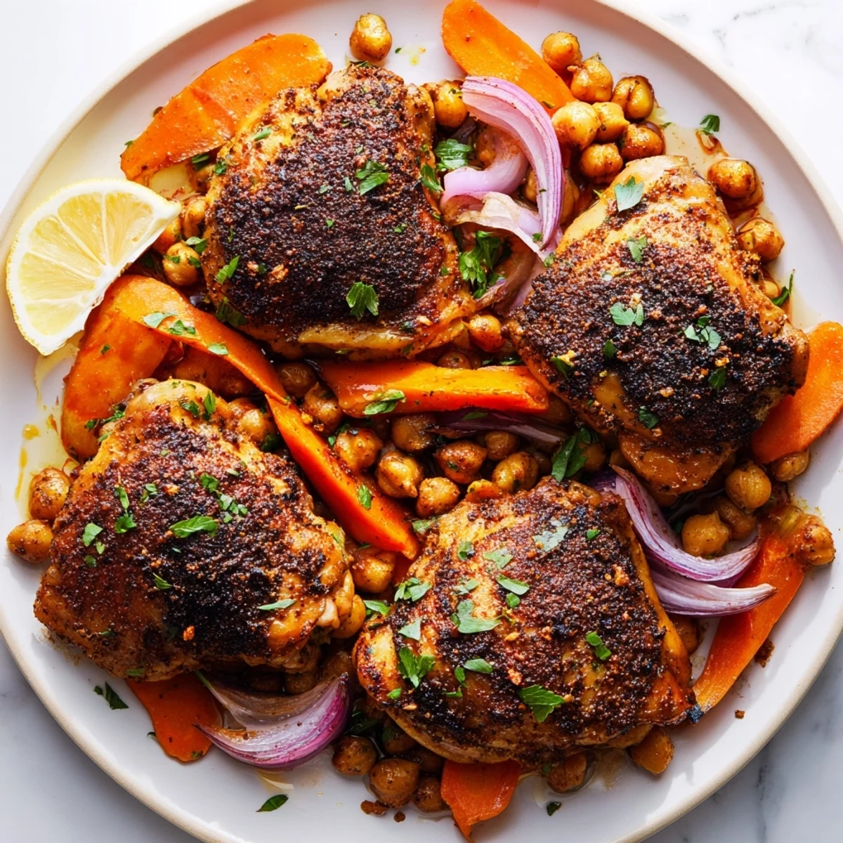 Tender sumac chicken with spiced carrots and chickpeas garnished with bright parsley and lemon