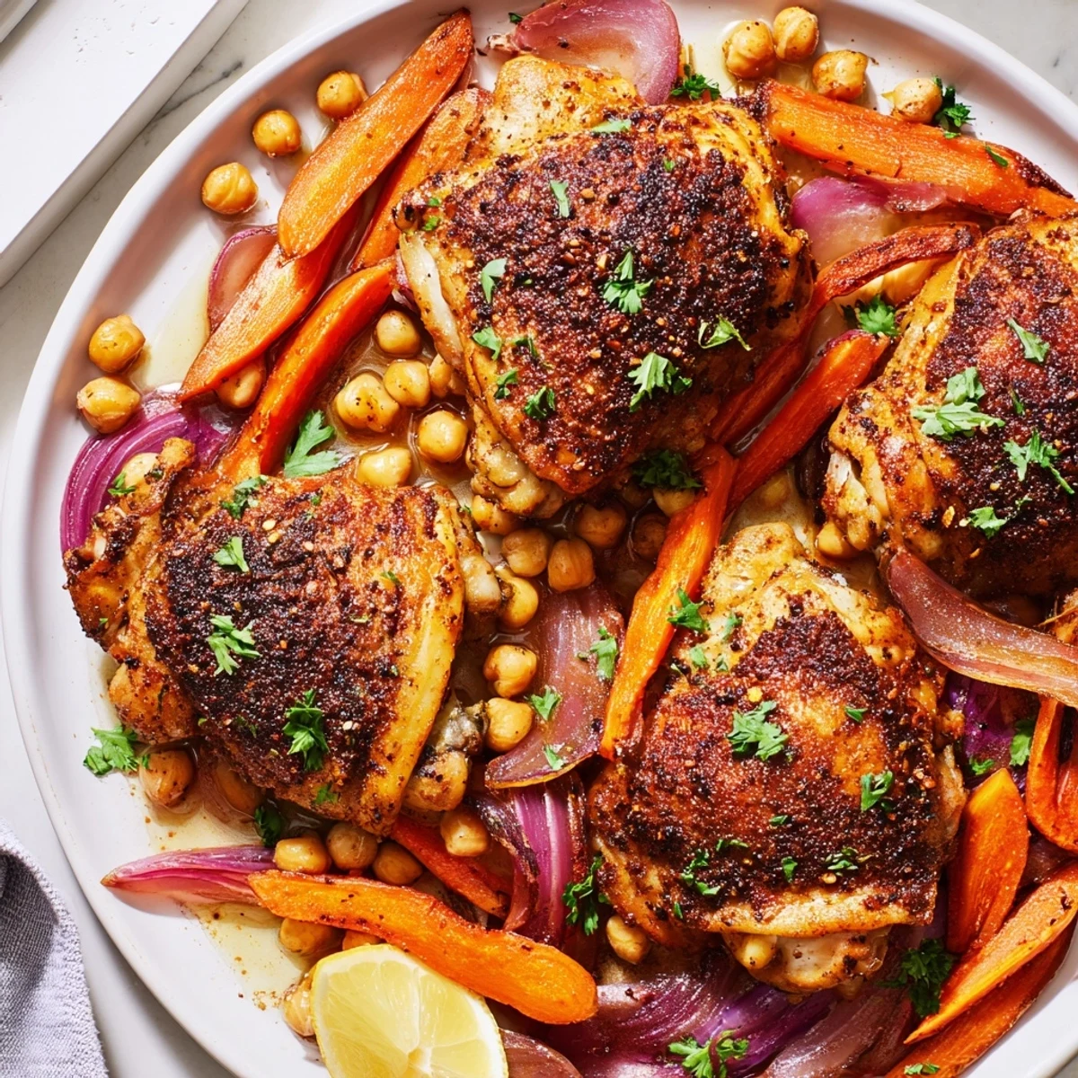 Juicy sumac chicken roasted over caramelized carrots and crispy chickpeas on a rustic sheet pan