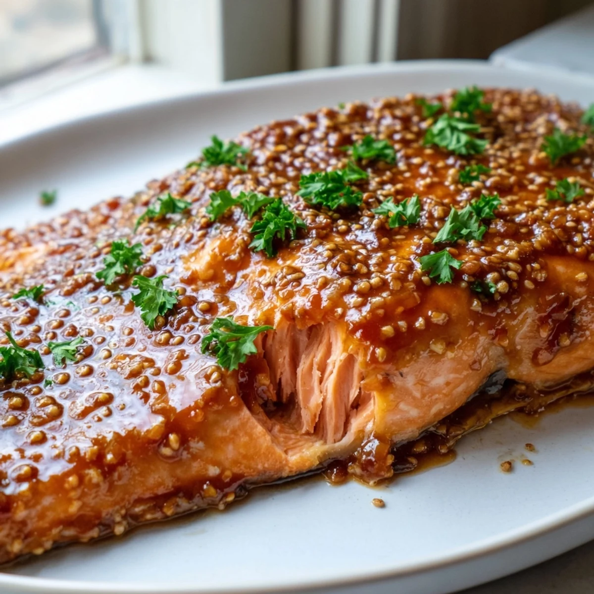 Baked honey mustard salmon fillets glistening with a sweet and tangy honey glaze