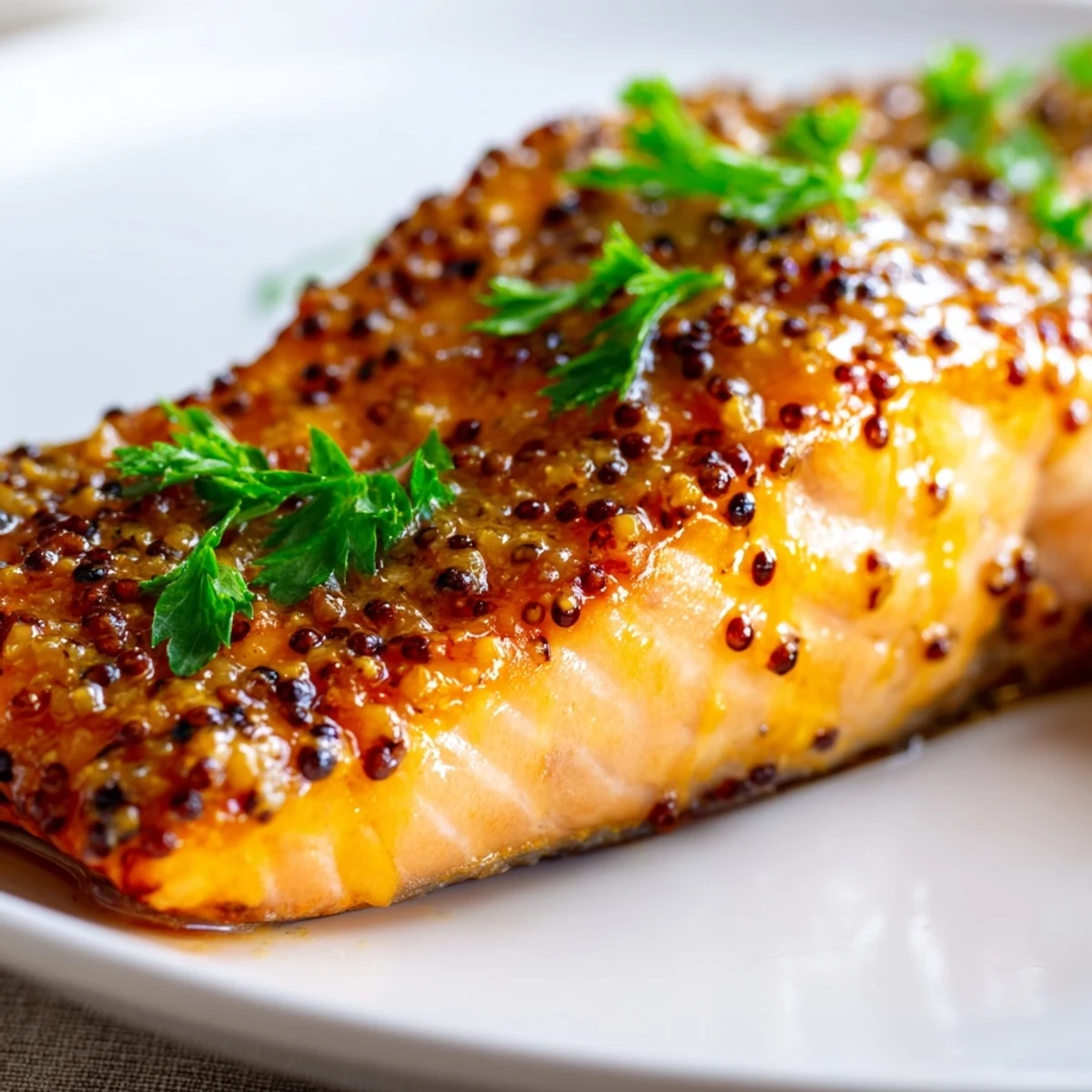 Golden baked honey mustard salmon glazed and garnished with fresh parsley on a baking sheet