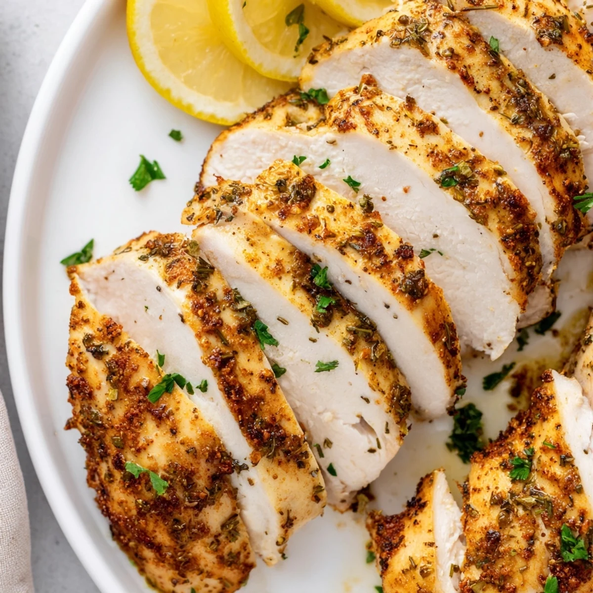 Golden oven baked chicken breasts seasoned with herbs and fresh lemon wedges