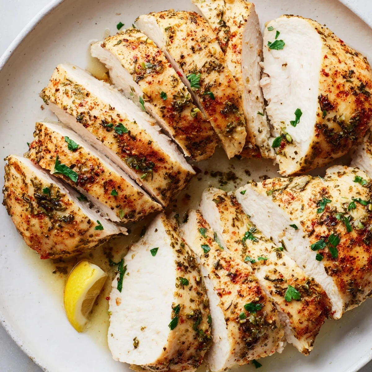 Tender sliced oven baked chicken breasts garnished with chopped parsley and roasted vegetables