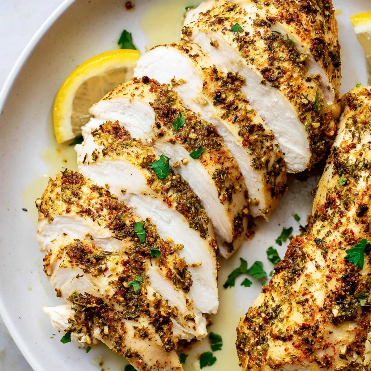 Juicy oven baked chicken breasts with crispy paprika crust on parchment paper