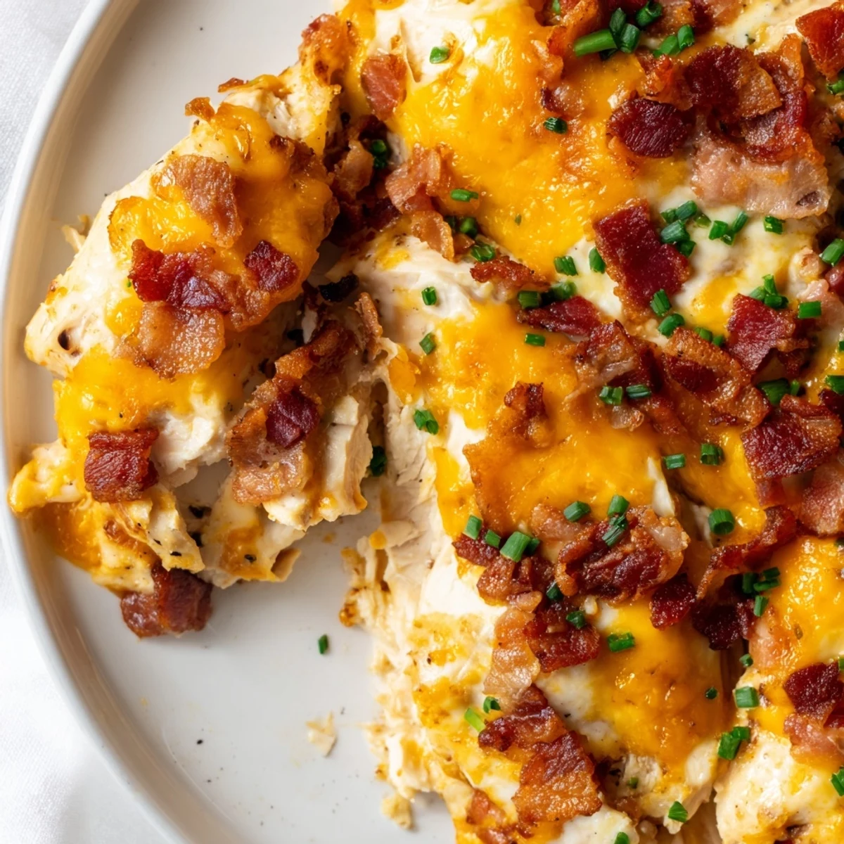 Golden bubbly Baked Crack Chicken with crispy bacon and melted cheddar in a rustic baking dish