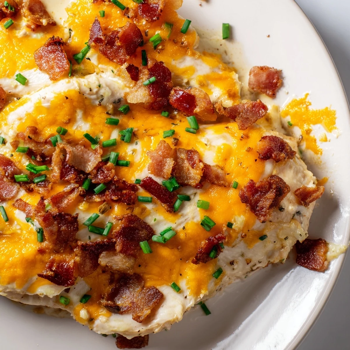 Baked Crack Chicken smothered in ranch cream cheese sauce with gooey melted cheddar and bacon bits