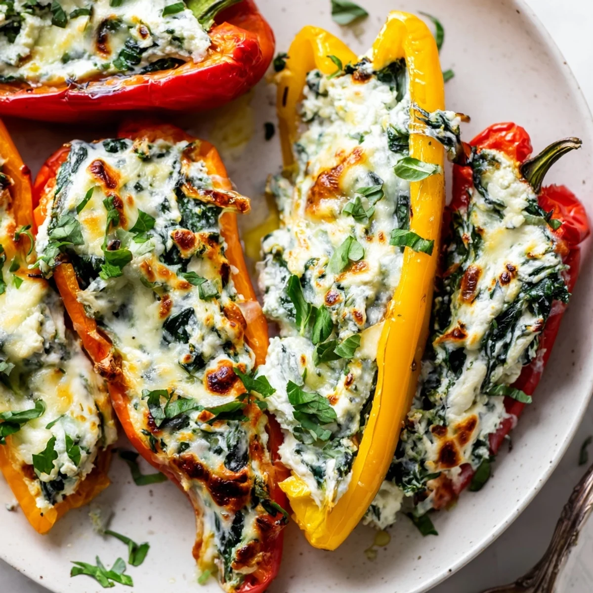 Golden baked ricotta stuffed peppers with bubbling mozzarella and fresh herbs on top