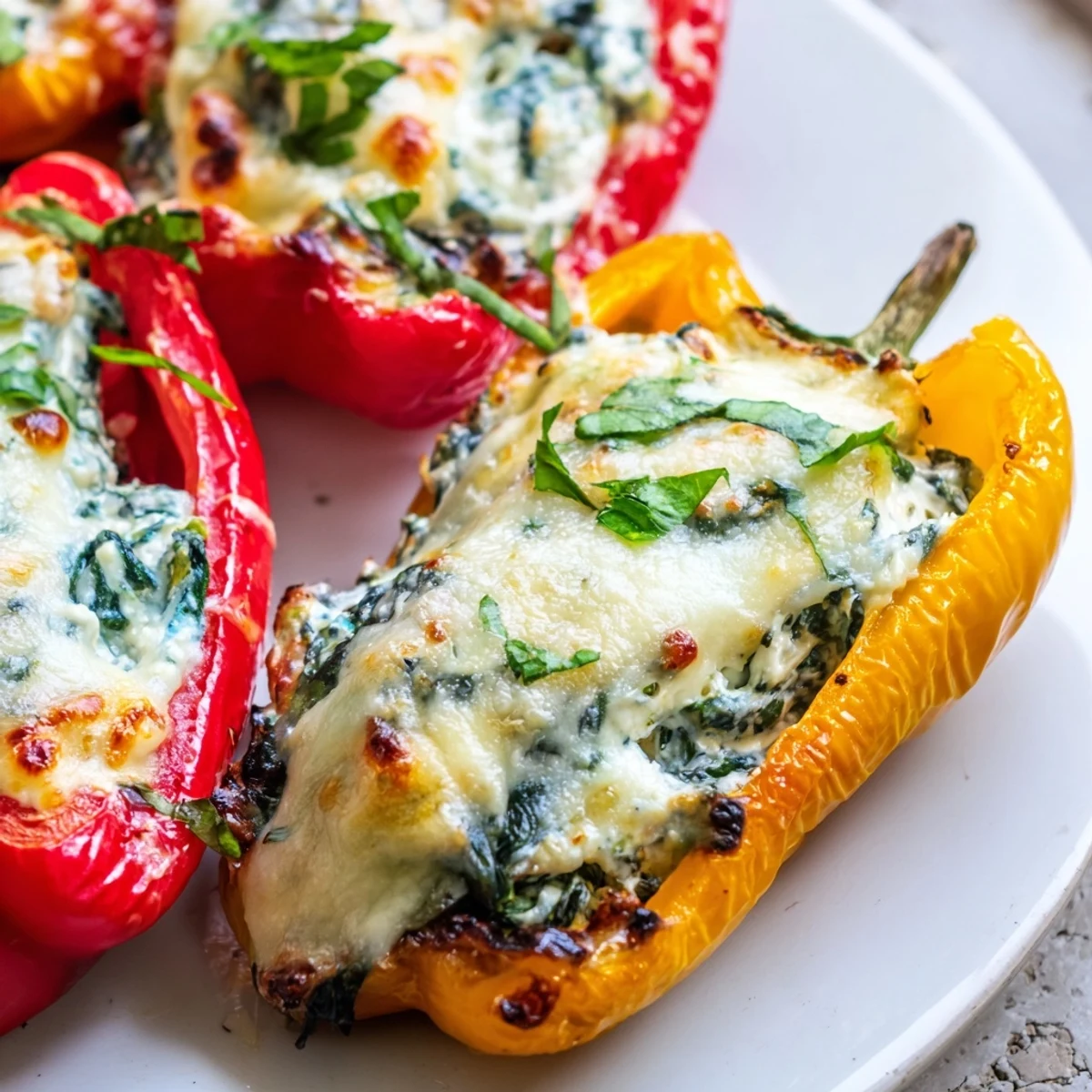 Vibrant bell pepper halves overflowing with cheesy ricotta filling and golden melted topping