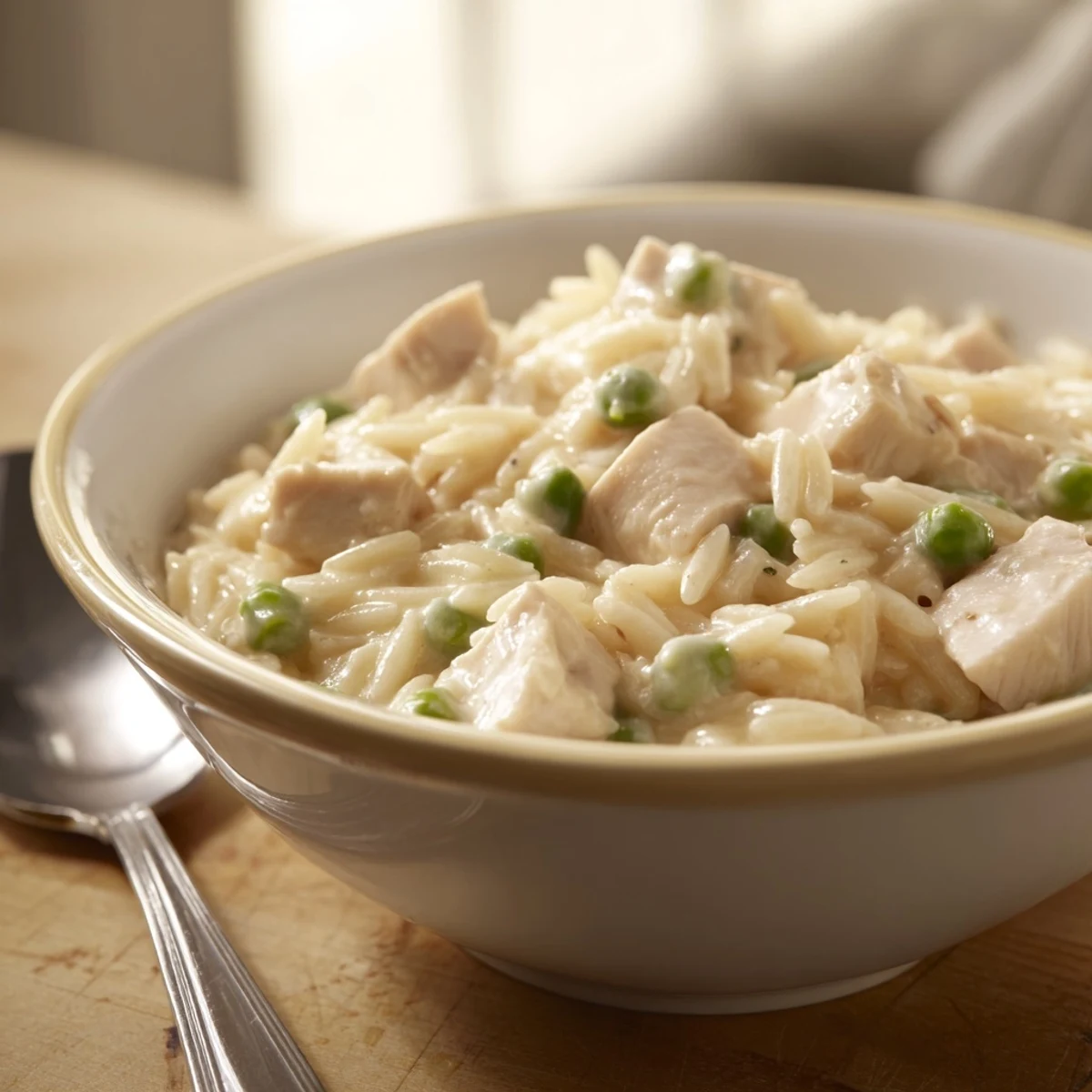 Savory creamy chicken pot pie orzo with tender chicken and colorful peas in a rich sauce