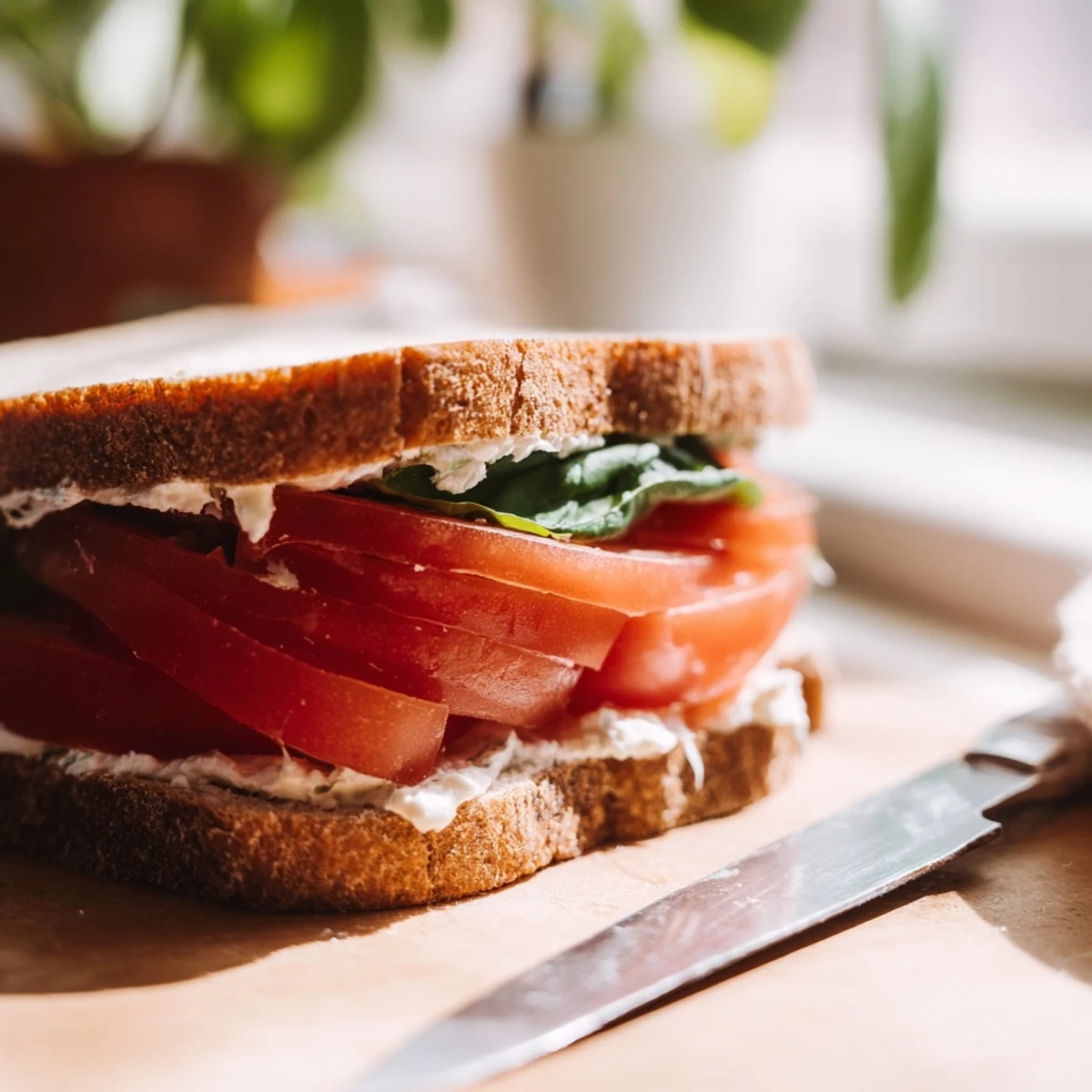 Slices of fresh tomato stack neatly between soft bread in this classic tomato sandwich recipe.
