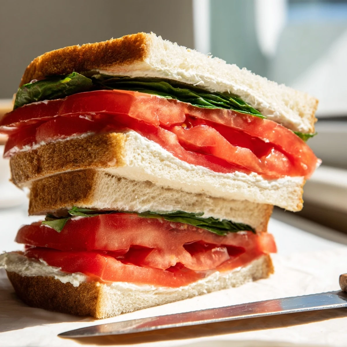 A juicy tomato sandwich layered with basil and mayonnaise on sliced bread.