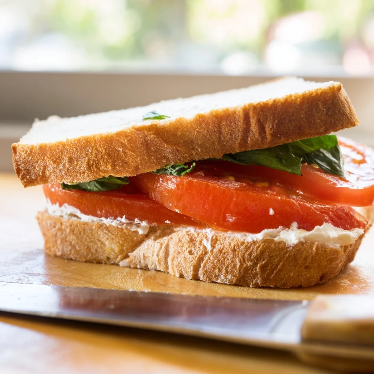 Golden bread frames vibrant red tomatoes in this simple, delicious tomato sandwich.