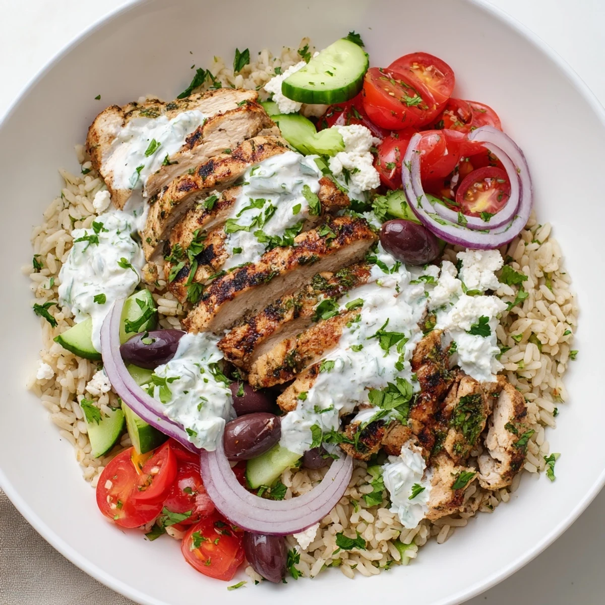 A colorful bowl of herbed grilled chicken and fresh vegetables topped with tangy tzatziki for Greek chicken bowls.