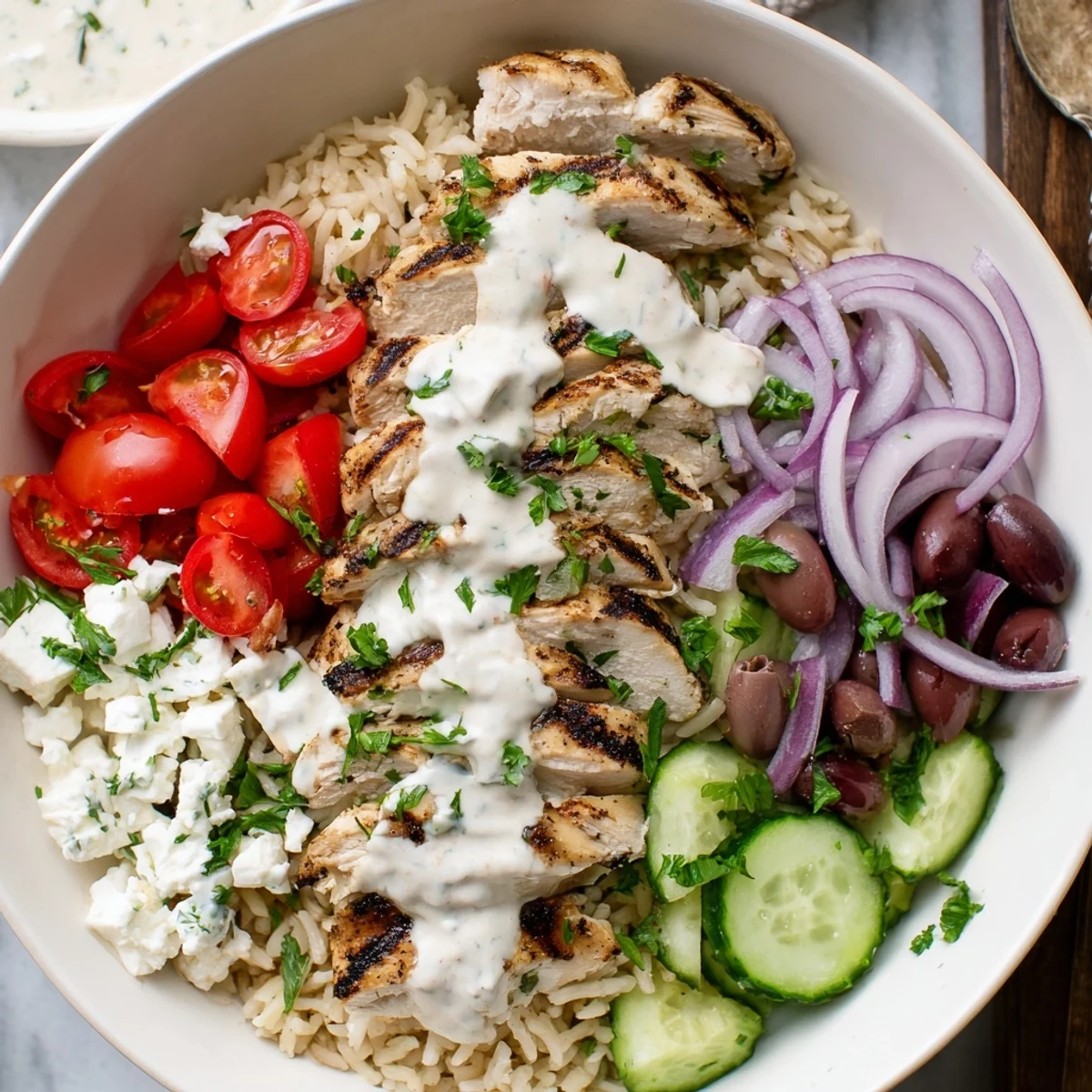Vibrant Greek chicken bowls featuring marinated chicken, feta cheese, olives, and crisp veggies drizzled with savory yogurt sauce.