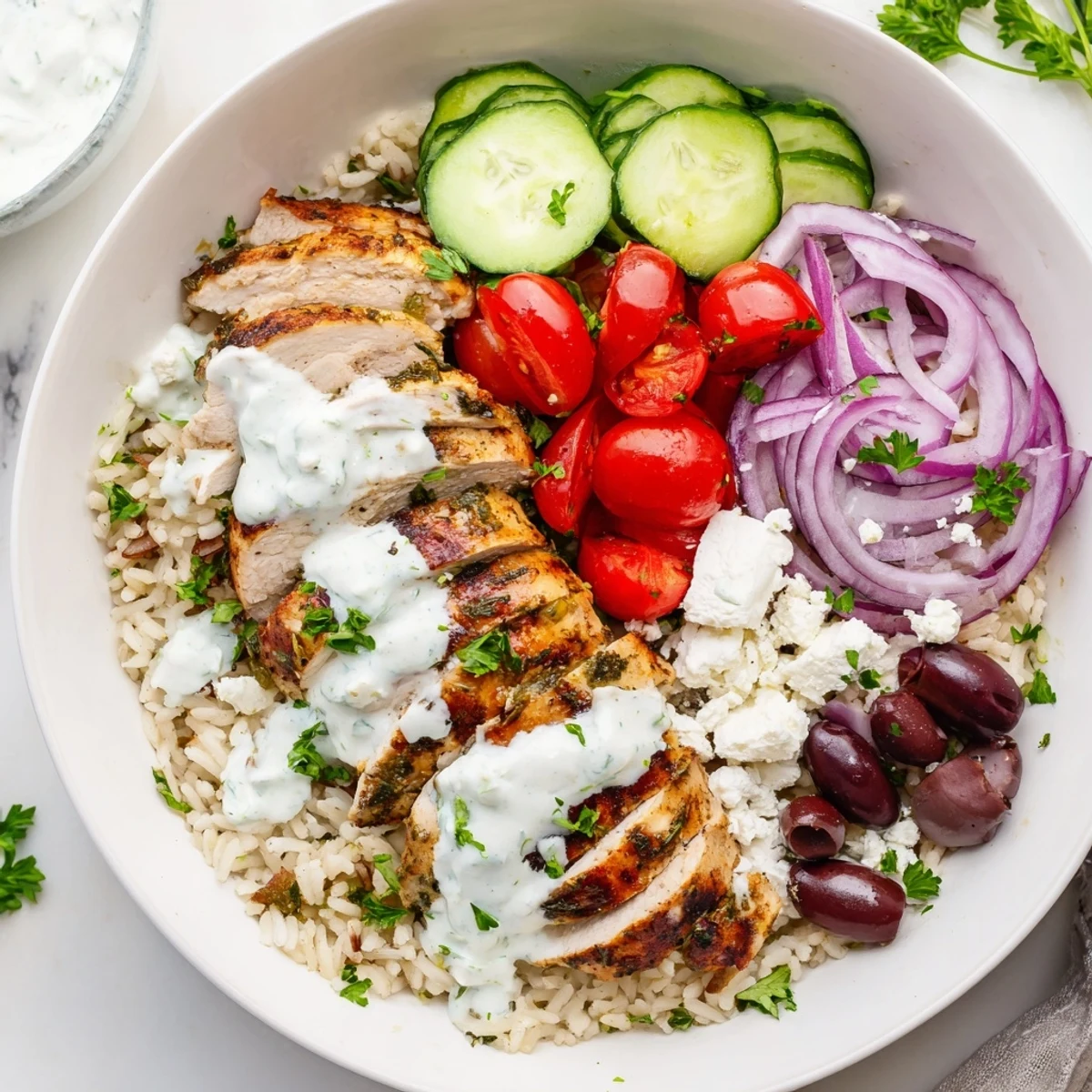 Sliced grilled chicken served over fluffy rice with cherry tomatoes and creamy tzatziki in a Greek chicken bowl.