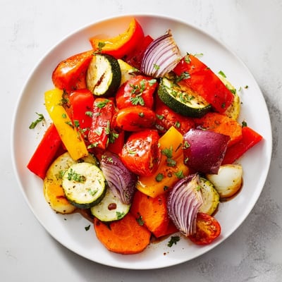 Savory roasted vegetable mix served warm in a white bowl, garnished with fresh parsley, ideal as a Mediterranean side dish.