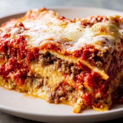 Classic Beef Lasagna rests on a white plate, garnished with fresh parsley and ready for a family dinner.