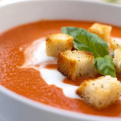 Freshly blended Roasted Garlic and Tomato Basil Soup in a white bowl, garnished with olive oil drizzle and homemade croutons.