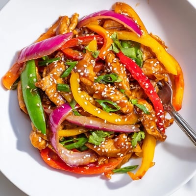 A close-up of Quick Sweet Chilli Chicken Stir Fry served over fluffy jasmine rice with sesame seeds.
