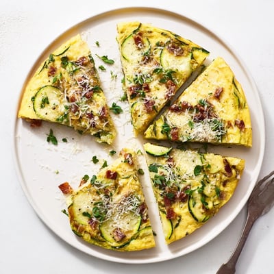 Sliced wedges of Zucchini Herb and Pancetta Frittata revealing fluffy eggs, tender zucchini, and crisp pancetta.