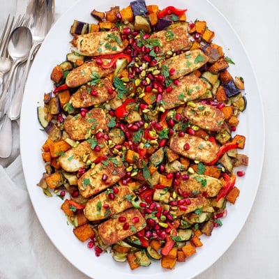 A close-up view of Jewelled Haloumi With Spiced Vegetable Bake reveals caramelized veggies, golden cheese, mint, and pistachios on a serving platter.