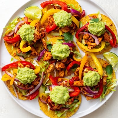 Golden tostada shells layered with tender chicken, vibrant veggies, and a generous scoop of fresh guacamole.