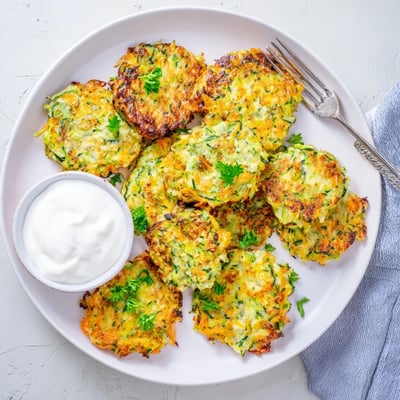 A close-up of Easy Zucchini Fritters served with creamy tzatziki and lemon wedges.