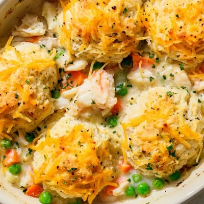 Inside view of a bubbling Seafood Pot Pie with Cheddar Bay Biscuit Topping, revealing creamy shrimp, crab, and vegetables.