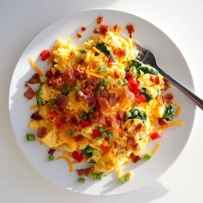 Soft, fluffy Loaded Scrambled Eggs feature vibrant red peppers, fresh spinach, and green onions for a savory breakfast.