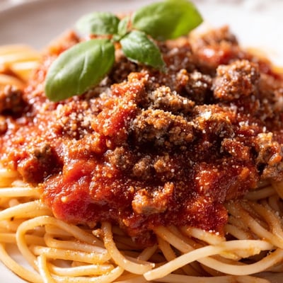 A rustic The Bear Spaghetti plated with grated cheese and basil, featuring al dente noodles coated in a savory beef sauce.