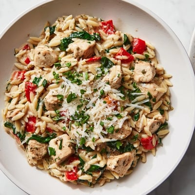 A close-up view of High Protein Chicken Orzo, featuring juicy chicken and creamy Parmesan stirred into a colorful, one-pan Mediterranean meal.  