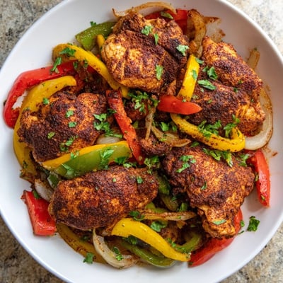 Cajun Chicken Bell Peppers Spicy Delight served over fluffy white rice, garnished with fresh parsley and lemon wedges.