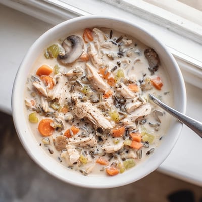 Golden creamy slow cooker chicken mushroom wild rice soup ladled into a rustic bowl on a chilly evening