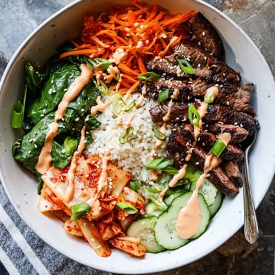 Caramelized sliced steak and crisp veggies in Korean BBQ steak rice bowls with kimchi