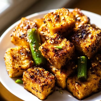 Vegan crispy black pepper tofu with green beans served over steamed jasmine rice