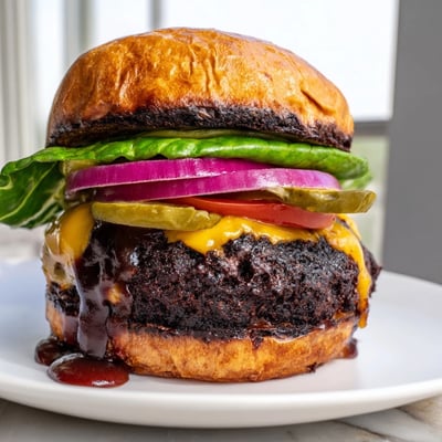 Coffee Rub Burgers With Smoky BBQ Sauce topped with melted cheddar and crisp lettuce