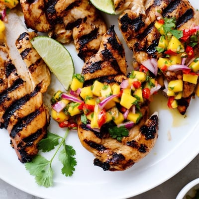 Grilled honey lime chicken sliced and topped with vibrant tropical mango salsa