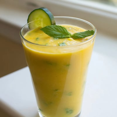 Golden mango cucumber smoothie blended smooth and served ice cold in mason jars
